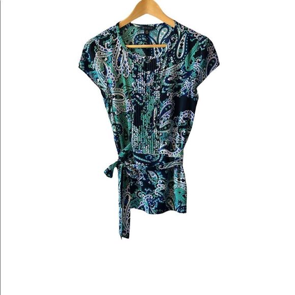 NWOT TOMMY HILFIGER Blue & Green Paisley Satin Cap Sleeve Wrap Top S - Picture 1 of 8